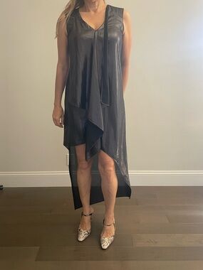 BCBGMaxAzria Metallic Black Sleeveless High-Low V-Neck Dress
